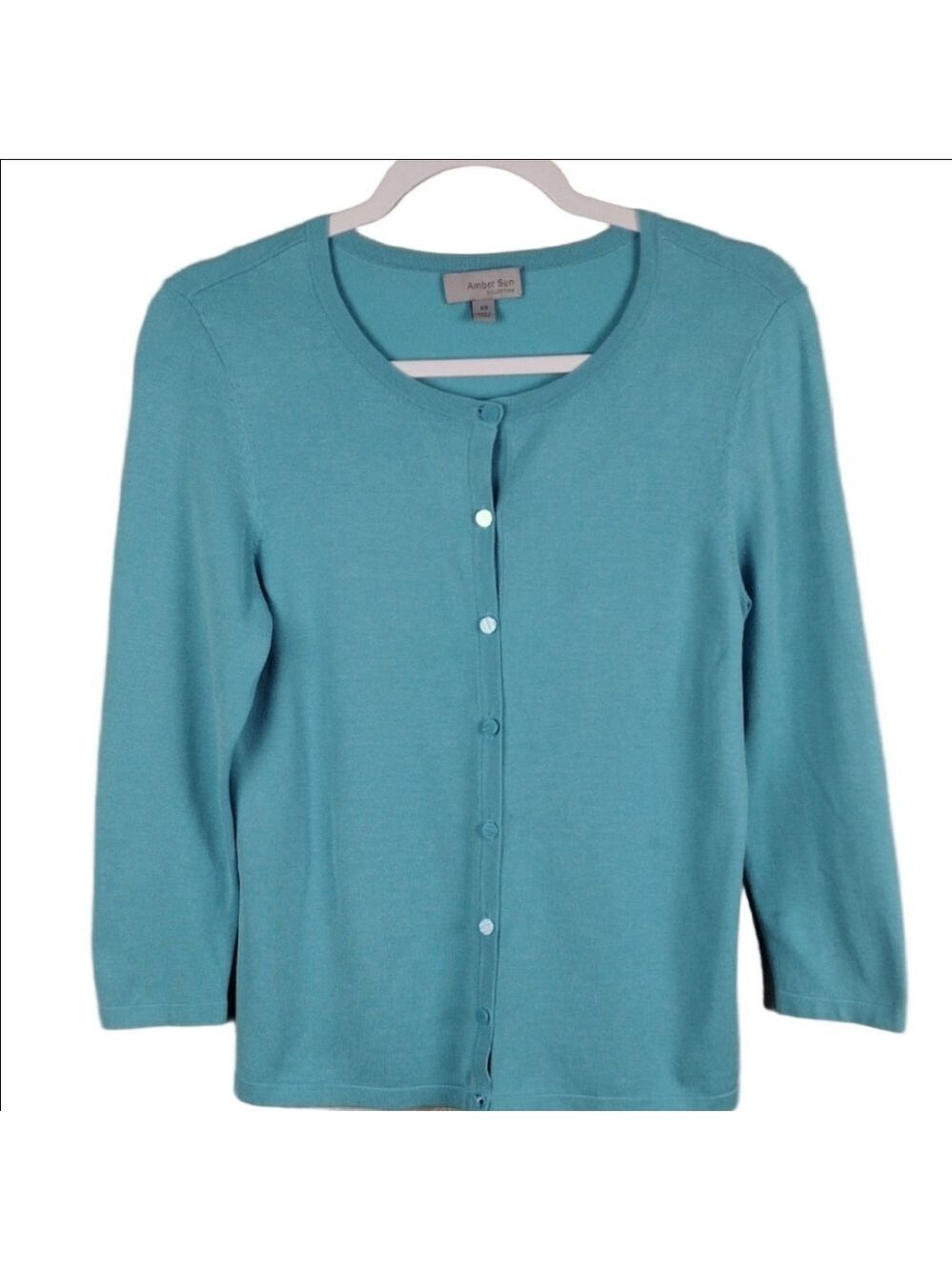 Amber Sun Teal Silk Blend Scoop Neck Button Front Long Sleeve Cardigan Sweater